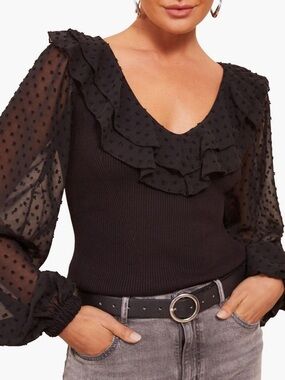 Friends Like These Black Dobby Balloon Sleeve Top Size 8 NWOT